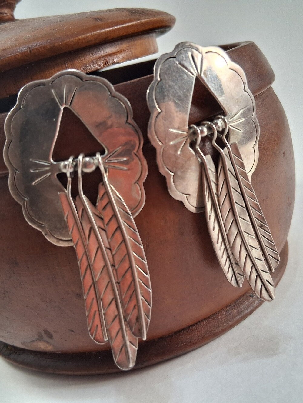 Taxco Sterling Silver Feather Cluster Dangle Earrings (Maker TB-48 Mexico)